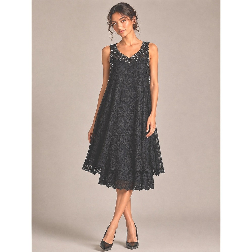 Olvi's Crystal Embellished Lace Tiered Dress Small NEW Elegant Black Cocktail